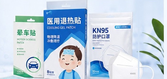 晕车贴、医用退热贴与KN95口罩产品展示
